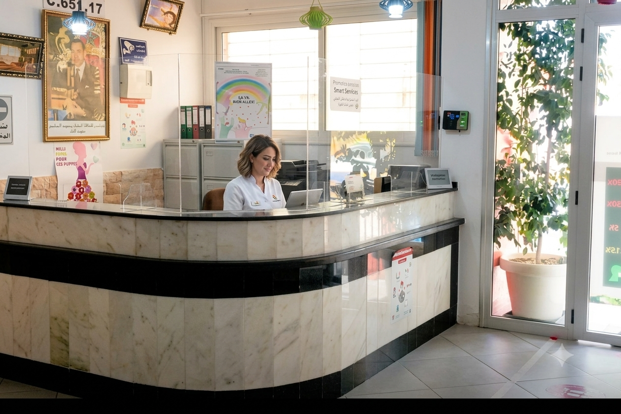 Comptoir d'accueil de l'établissement, à l'entrée du bâtiment